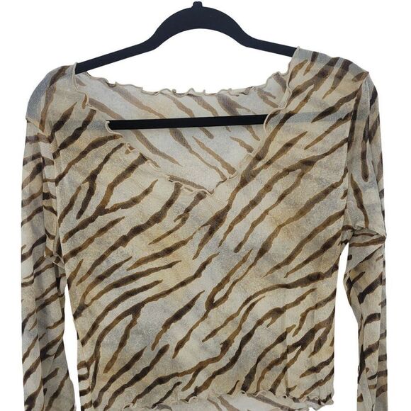 Vintage Y2K Sheer Zebra Print Long Sleeve Top M Brown Stretch Tattoo Baddie Club - Picture 5 of 9